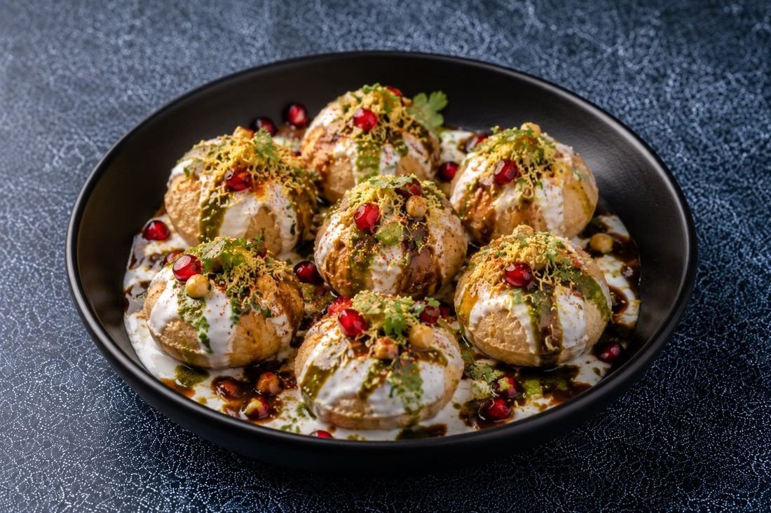 Pani puri, assembled to order at the counter