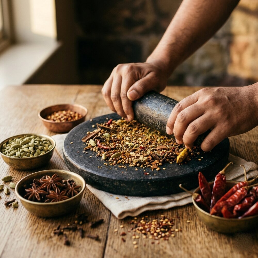 Whole spices being ground by hand on a stone sil batta